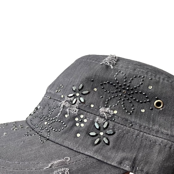 Women's Ililily Gray Distressed Embellished Military Army Hat Cadet Cap - Picture 8 of 14